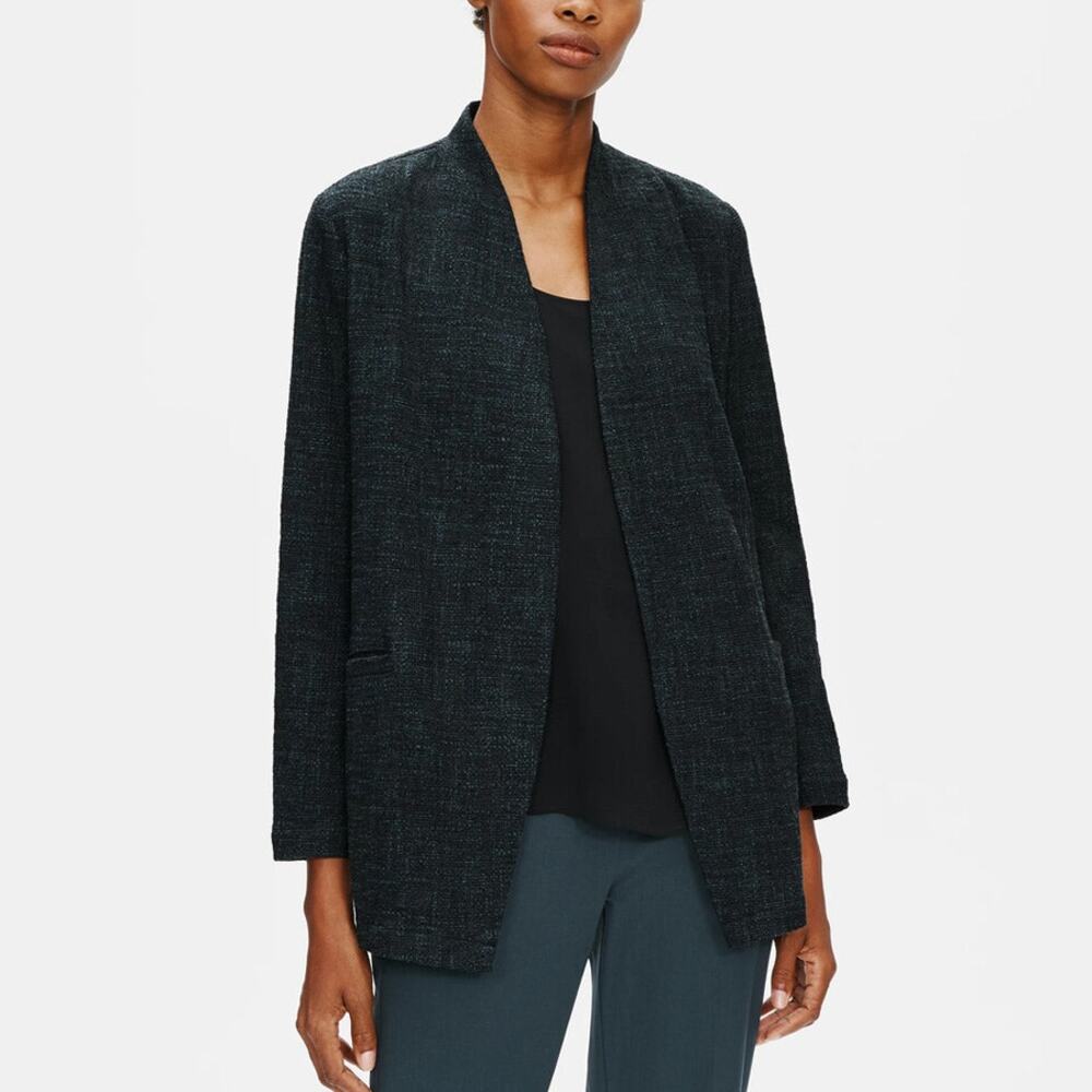 Eileen Fisher Tweedy Cotton Slub Long Jacket Dark Green Size M